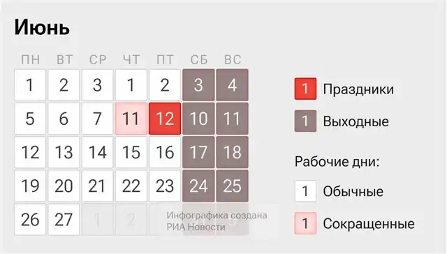 Июнь 2026 - календарь праздников, выходных и рабочих дней для планирования отдыха